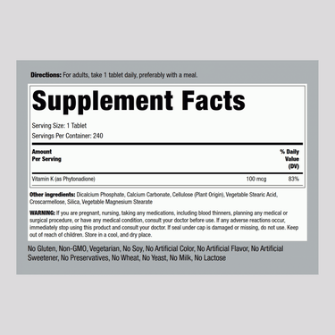 Vitamin K, 100 mcg, 240 Tablets