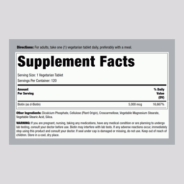 Biotin 5 mg (5000 mcg), 120 Vegetarian Tablets