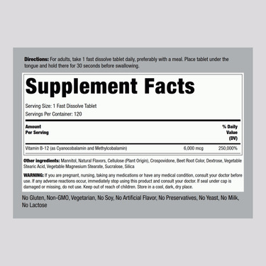 Methylcobalamin B-12 Complex (Sublingual), 6000 mcg, 120 Fast Dissolve Tablets