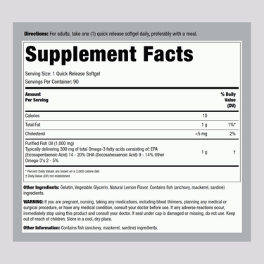 Omega-3 Fish Oil Regular Strength (Lemon), 1000 mg, 90 Quick Release Softgels