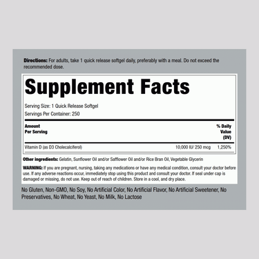High Potency Vitamin D3, 10,000 IU, 250 Quick Release Softgels