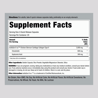 Chicken Sternum Collagen Type II, 3000 mg (per serving), 120 Quick Release Capsules