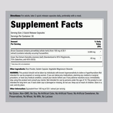 Brown Seaweed 2000 mg Capsule Supplement Facts panel details ingredients and nutritional information.