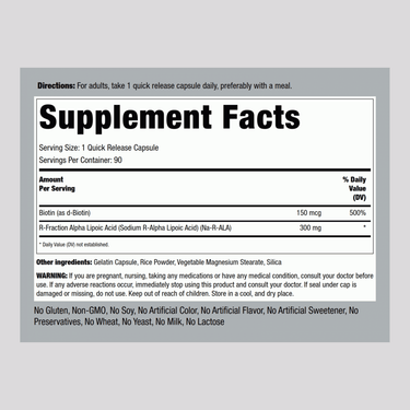 Label showing Supplement Facts for R-Alpha Lipoic Acid plus Biotin.