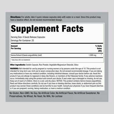 Senna Leaves, 1800 mg (per serving), 100 Quick Release Capsules