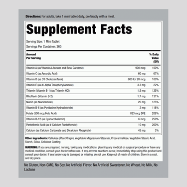 Supplement Facts panel for One Daily Essential Multi 365 Tablets, detailing vitamins and minerals included in the product.