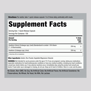 Supplement Facts panel displaying the details for Hawthorn Extract 250 mg in a bottle of 150 capsules.
