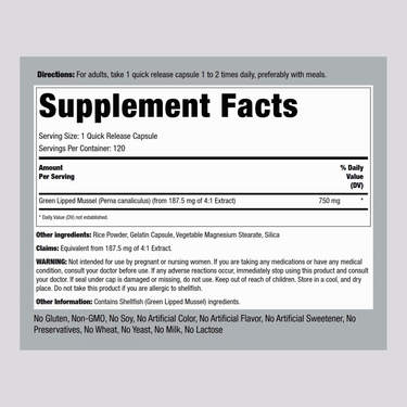 Green Lipped Mussel Freeze Dried from New Zealand, 750 mg, 120 Quick Release Capsules