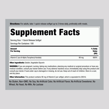 Vitamin E, 200 IU, 100 Quick Release Softgels