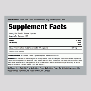 Tribulus Mega, 1000 mg (per serving), 200 Quick Release Capsules