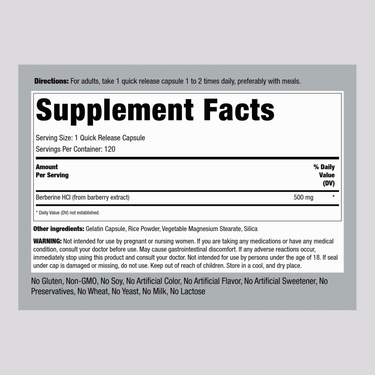 Berberine HCL, 500 mg, 120 Quick Release Capsules