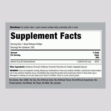 Supplement Facts for Vitamin D3 5000 IU softgels, 250 count, detailing nutritional information and daily value percentages.
