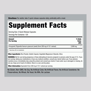 Fenugreek 2000 mg supplement facts for 240 capsules displayed.