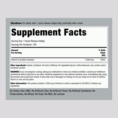 Beta Carotene (Vitamin A), 25,000 IU, 100 Quick Release Softgels