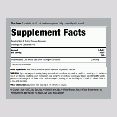 Supplement Facts panel for Mulberry 1000 mg capsules, 120 count.
