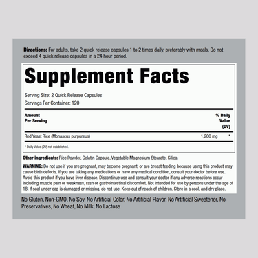 Supplement Facts for Red Yeast Rice 600 mg, 240 Capsules.