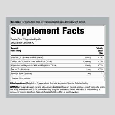 Label showing supplement facts for LN Calcium Magnesium Zinc plus D.