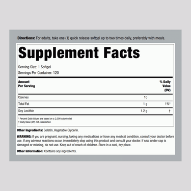 Supplement Facts panel for LN Lecithin - NON GMO 1200 mg, 120 Softgels, detailing nutritional information.