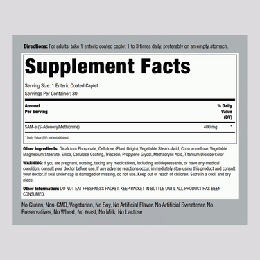 SAM-e Enteric Coated, 400 mg, 30 Enteric Coated Caplets