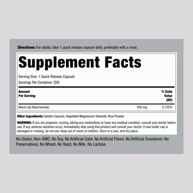 Niacinamide B-3, 500 mg, 200 Quick Release Capsules