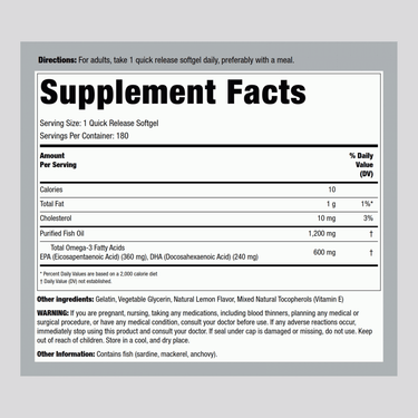 Supplement Facts panel for LN Fish Oil, 1,200 mg, Double Strength, 180 softgels.