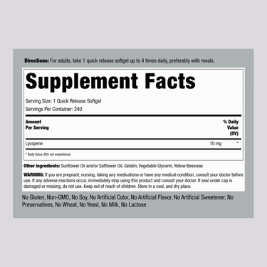 Label details for Lycopene 10 mg, 240 softgels, supplement facts.