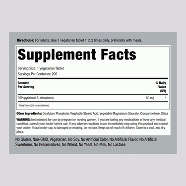 P-5-P (Pyridoxal 5-Phosphate) Coenzymated Vitamin B-6, 50 mg, 200 Tablets