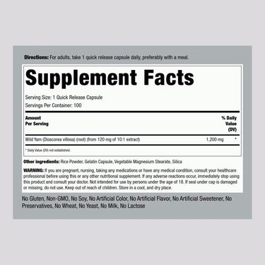 Wild Yam Root, 1200 mg, 100 Quick Release Capsules