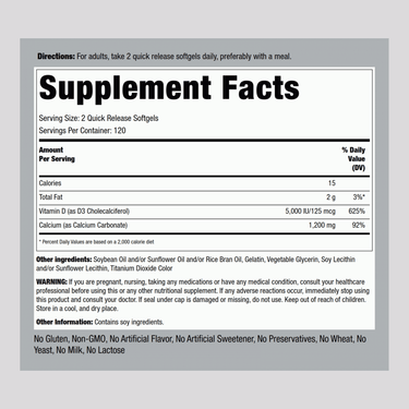 Absorbable Calcium 1200 mg Plus D3 5000 IU (per serving), 240 Quick Release Softgels