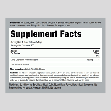 Castor Oil (Cold Pressed), 750 mg, 200 Quick Release Softgels