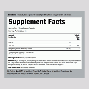 Image of the Supplement Facts panel for Phosphatidyl Choline, containing 90 softgels.