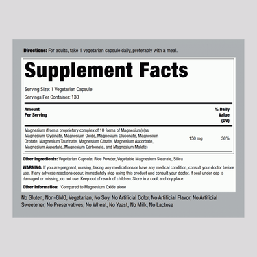 Supplement Facts panel for 10 Magnesium Complex, containing 130 veggie capsules.