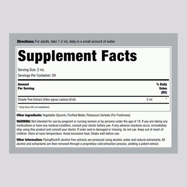 This image shows the Supplement Facts for Chaste Tree Berry (Vitex) Liquid Extract AF, 4 fluid ounces.