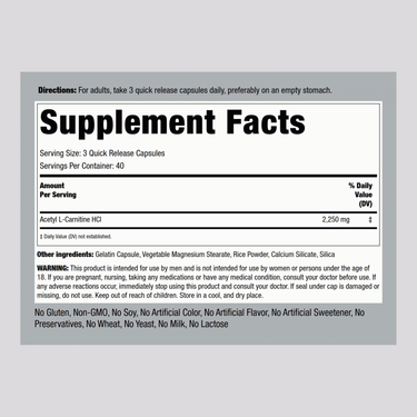 The Supplement Facts label for Acetyl L-Carnitine with 2250 mg dosage.