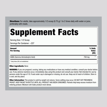 GABA Powder (Gamma-Aminobutyric Acid), 750 mg (per serving), 6 oz (170 g) Bottle