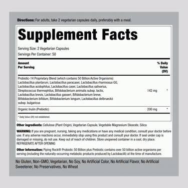 Supplement Facts panel for Probiotic-14 50 Billion 100 Veg Capsules, showing detailed nutritional information.