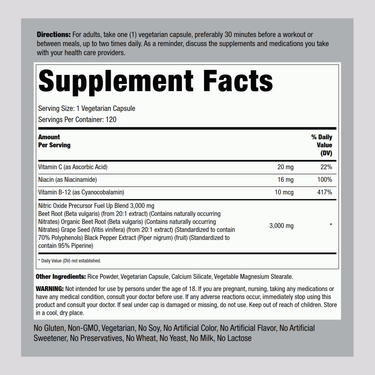 Supplement Facts panel for Nitric Oxide Extreme with Beet, containing 120 capsules.