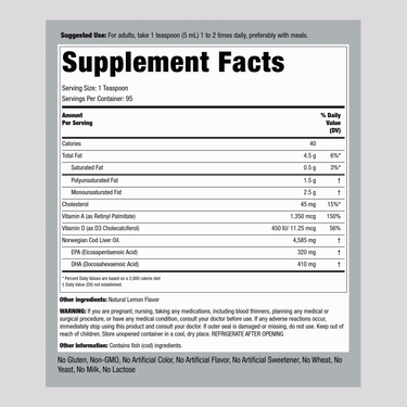 Engelvaer Norwegian Cod Liver Oil (Natual Lemon Flavor), 16 fl oz (473 mL) Bottle