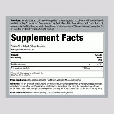 Ultra Lipo Chitosan, 1200 mg (per serving), 180 Quick Release Capsules