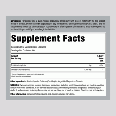 Supplement Facts panel displaying details for Chitosan 1200 mg, available in 180 capsules.