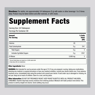 D-Ribose Powder 100% Pure, 10.6 oz (300 g) Bottle