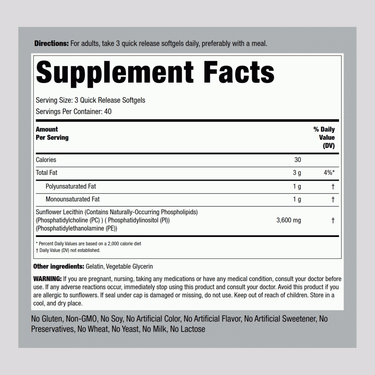Sunflower Lecithin, 3600 mg (per serving), 120 Quick Release Softgels