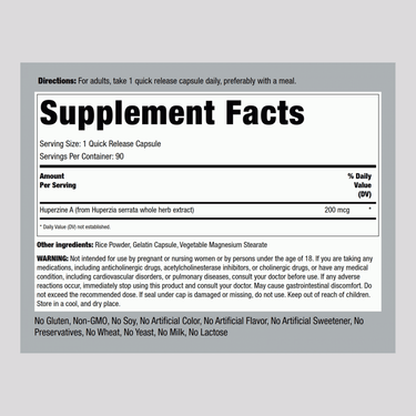 Supplement Facts for Huperzine 200 mcg Capsules, 90 count.