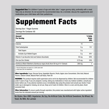 Supplement Facts panel for PIP Kids Elderberry Gummies, listing ingredients and nutritional information for 60 gummy servings.