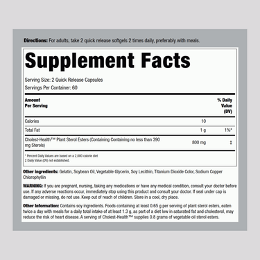 Cholest-Health 120 Softgels supplement facts panel.