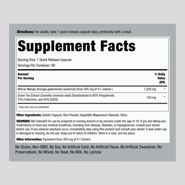 Supplement Facts for African Mango and Green Tea Caps 90 count.