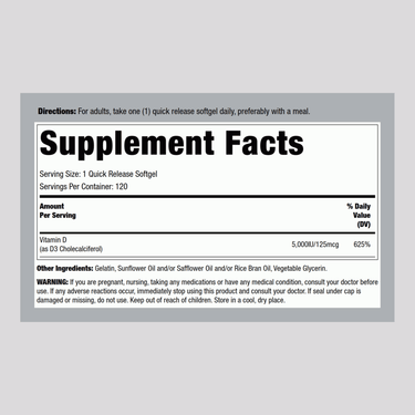 Supplement Facts panel detailing Vitamin D3 5000 IU with 120 softgels.