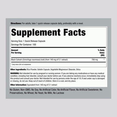 Image shows Supplement Facts for Black Cohosh, 700 mg, 100 Capsules.