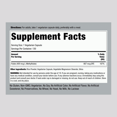 Image of the Supplement Facts label for Methyl Folate 400 mcg in a bottle of 130 vegetarian capsules.