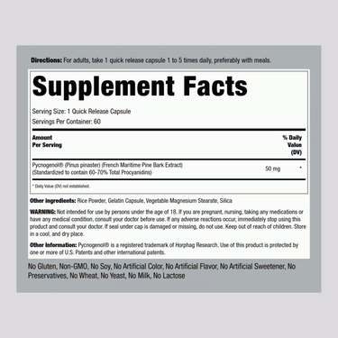 This image shows the Supplement Facts panel for Pycnogenol 50 mg Capsules, containing 60 capsules.